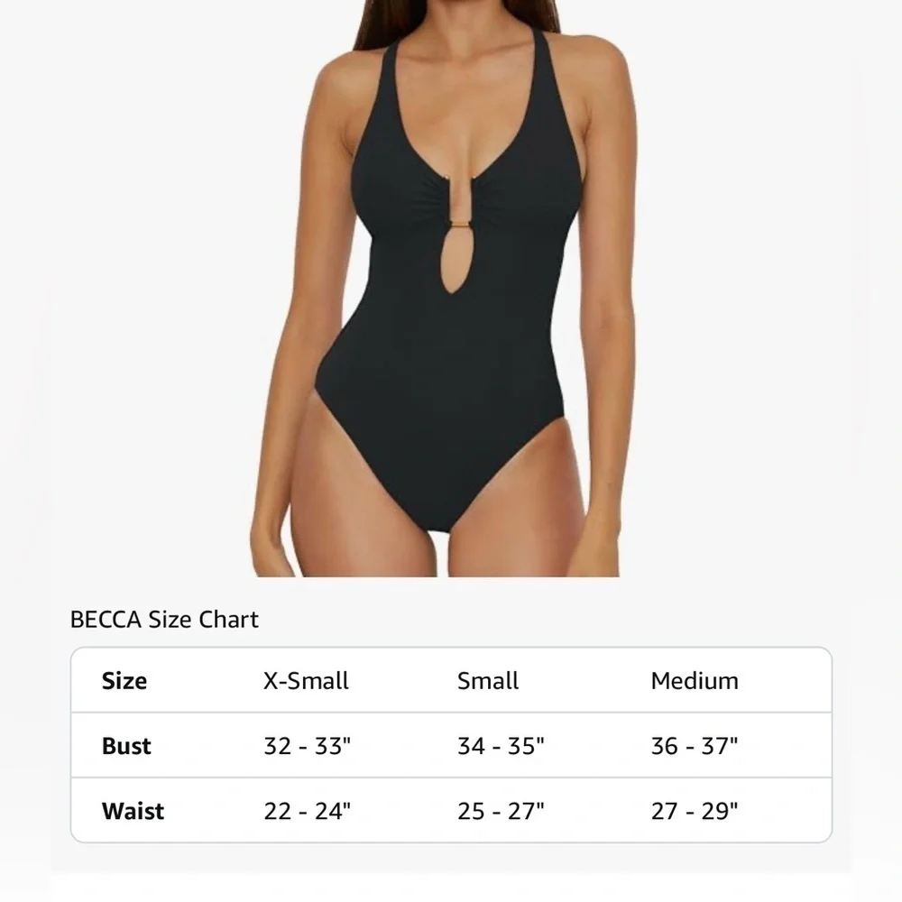 BECCA Women's Modern Edge One Piece Swimsuit, Plunge Neck, Adjustable, Tie Back